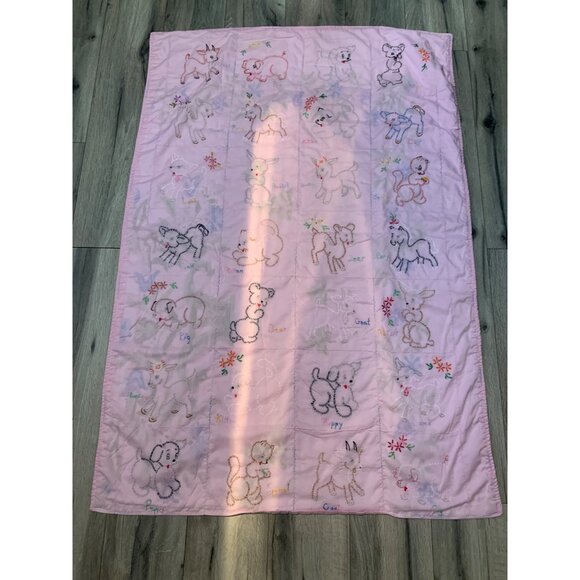 Vintage Handmade Girl Baby Hand-stitched Embroidered Pink Check Plaid Back Anima - Picture 1 of 6